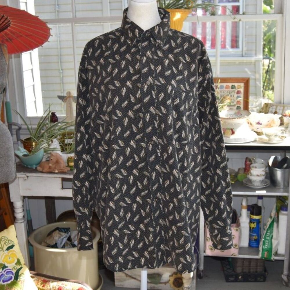 90s Towncraft Men’s Large Black Geometric Print Cotton Long Sleeve Shirt Large